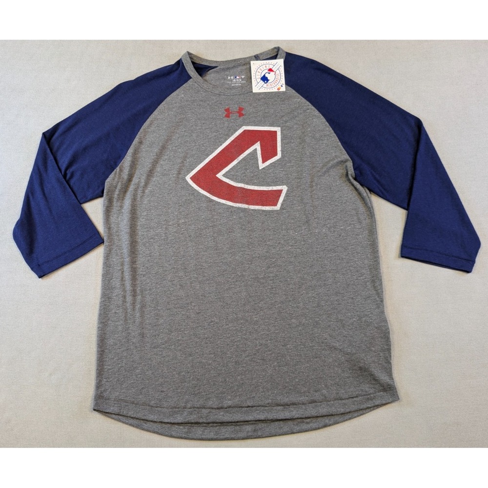 Cleveland Indians Shirt Mens Large Gray Under Armour Raglan Heatgear Retro 70s